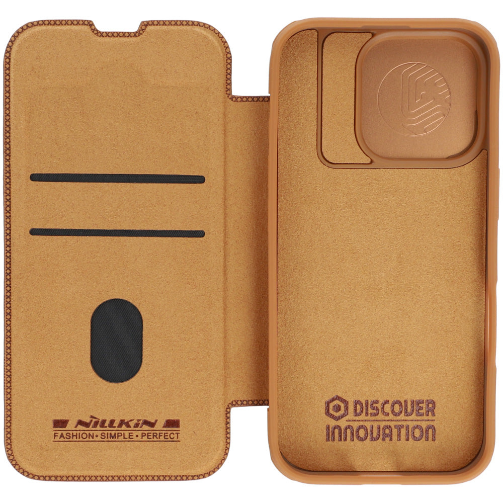 Handyhülle mit Klappe und Kameraschutz für iPhone 16 Pro, Nillkin Qin Prop, Braun