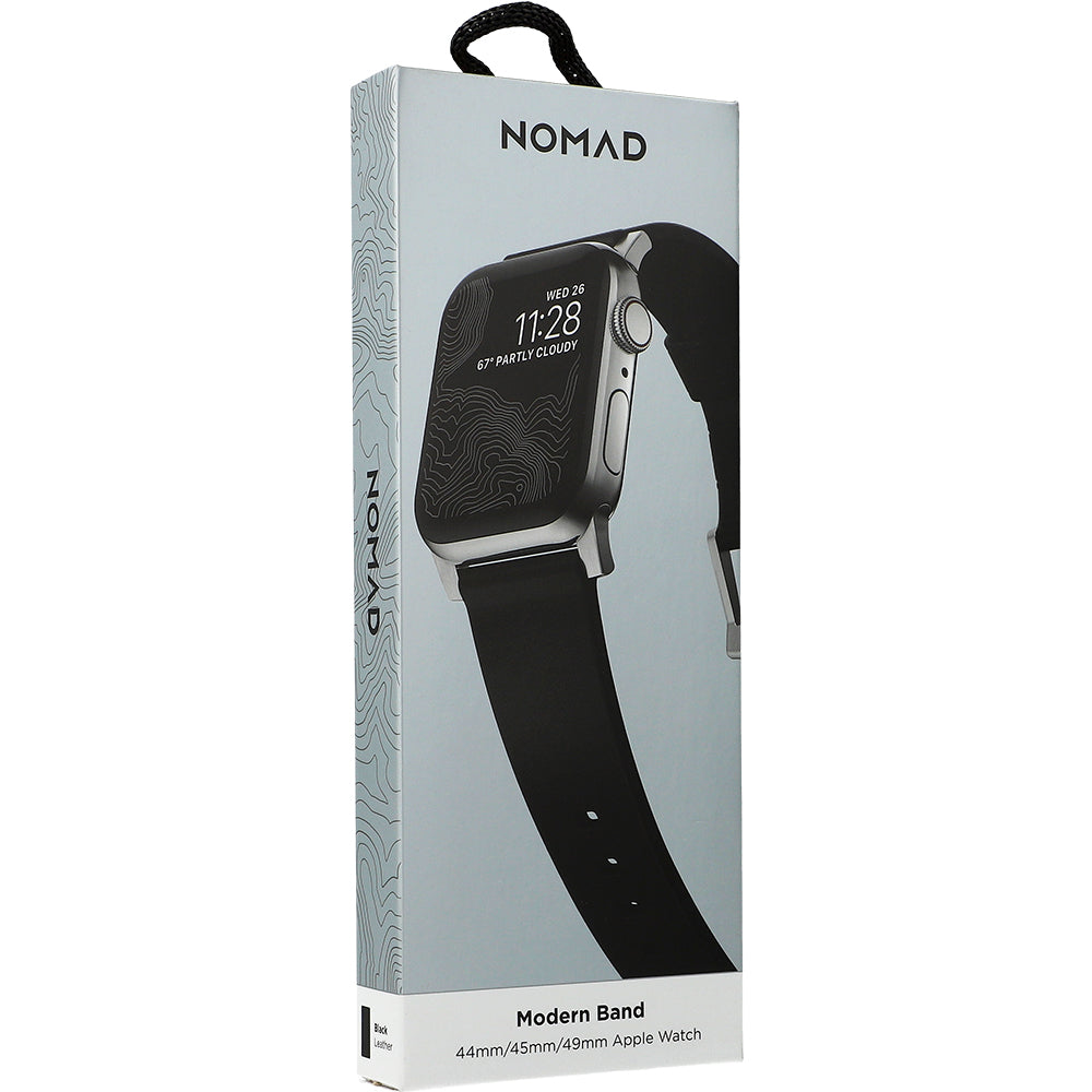 Lederarmband für Apple Watch 49/46/45/44 mm, Nomad Modern Band, Schwarz-Silbern