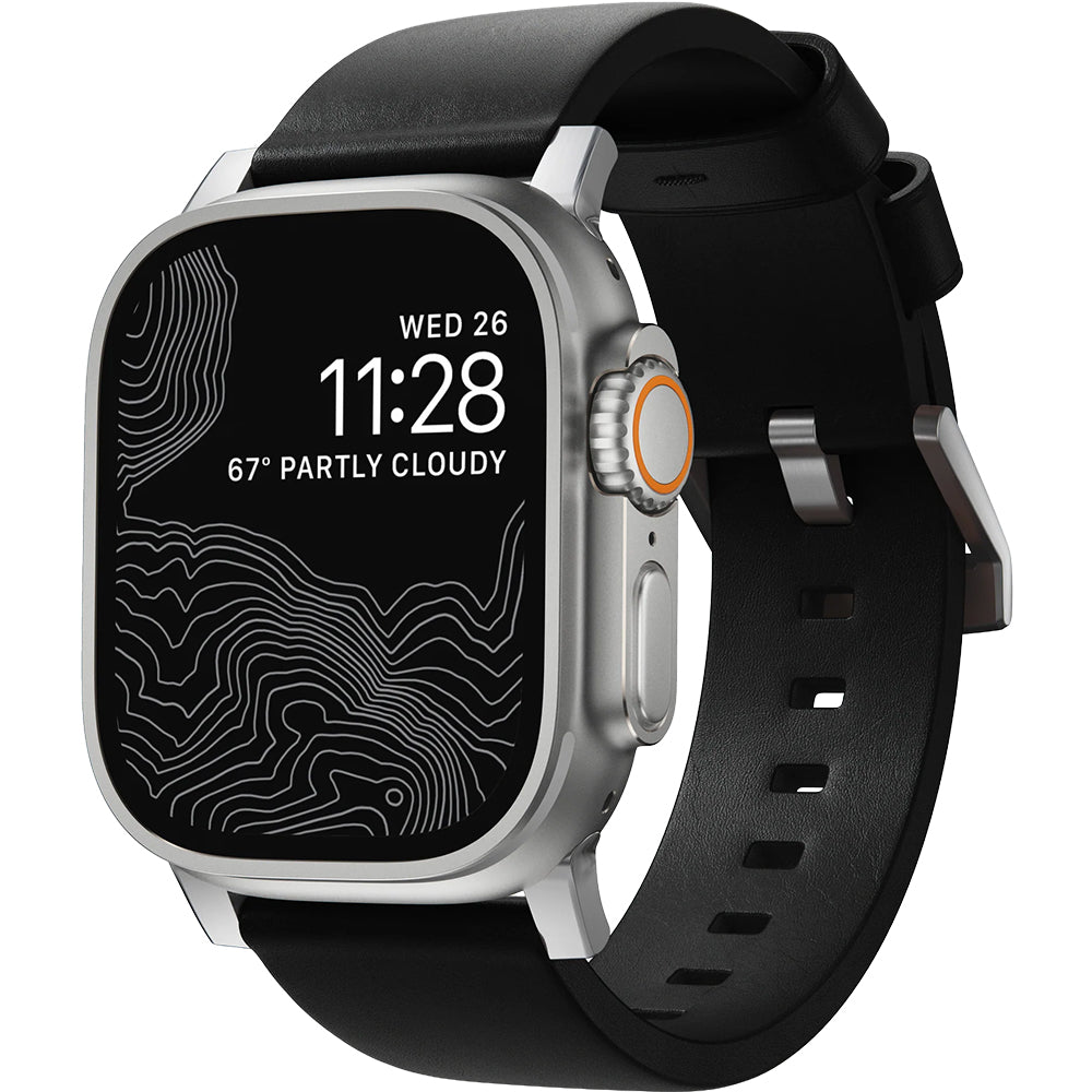 Lederarmband für Apple Watch 49/46/45/44 mm, Nomad Modern Band, Schwarz-Silbern