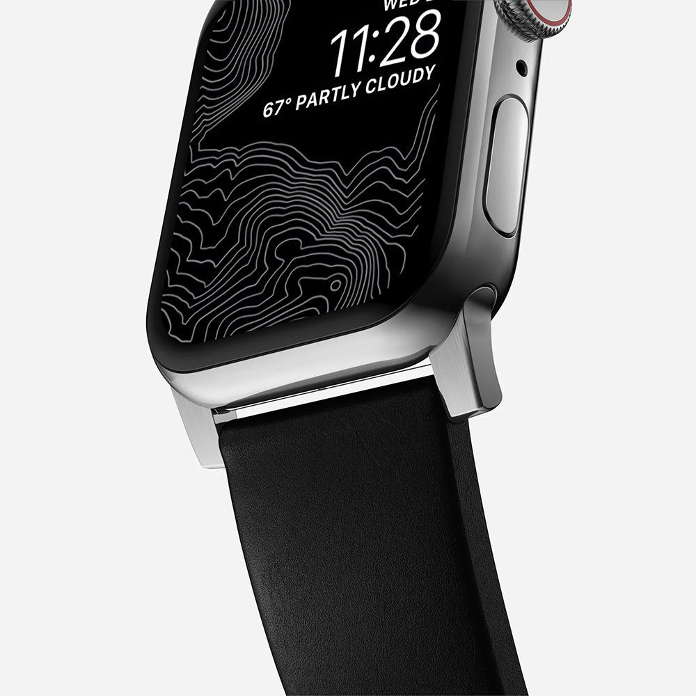 Lederarmband für Apple Watch 49/46/45/44 mm, Nomad Modern Band, Schwarz-Silbern