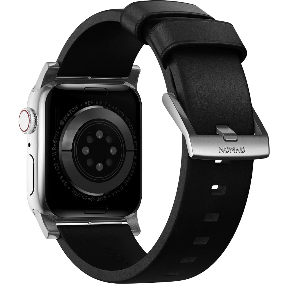 Lederarmband für Apple Watch 49/46/45/44 mm, Nomad Modern Band, Schwarz-Silbern
