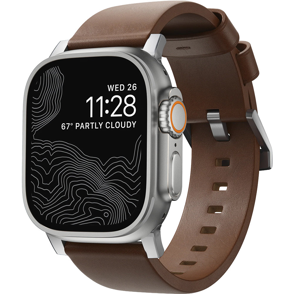 Lederarmband für Apple Watch 49/46/45/44 mm, Nomad Modern Band, Braun-Silbern