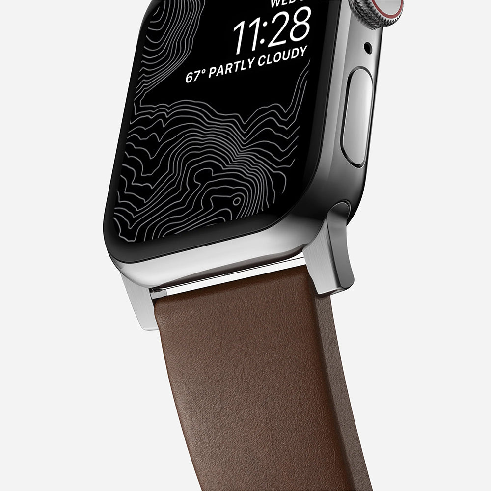 Lederarmband für Apple Watch 49/46/45/44 mm, Nomad Modern Band, Braun-Silbern