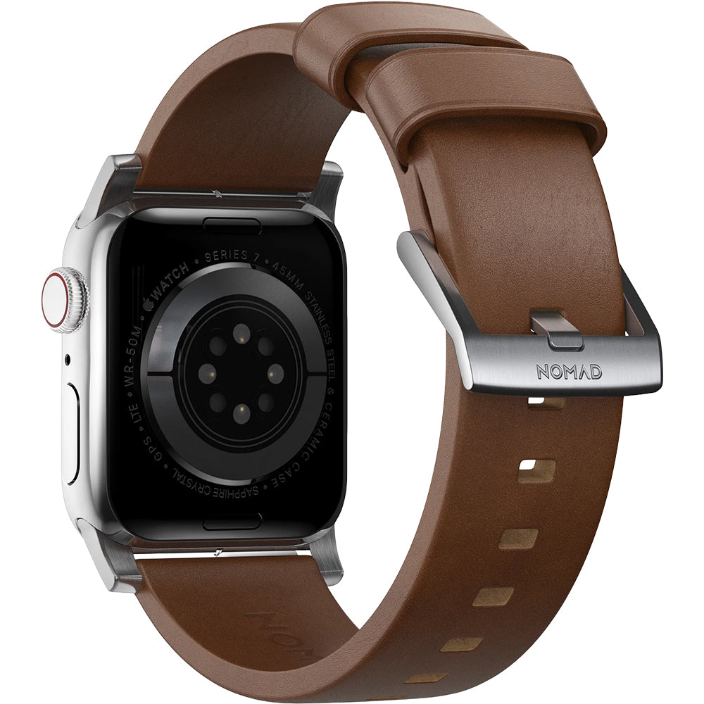 Lederarmband für Apple Watch 49/46/45/44 mm, Nomad Modern Band, Braun-Silbern
