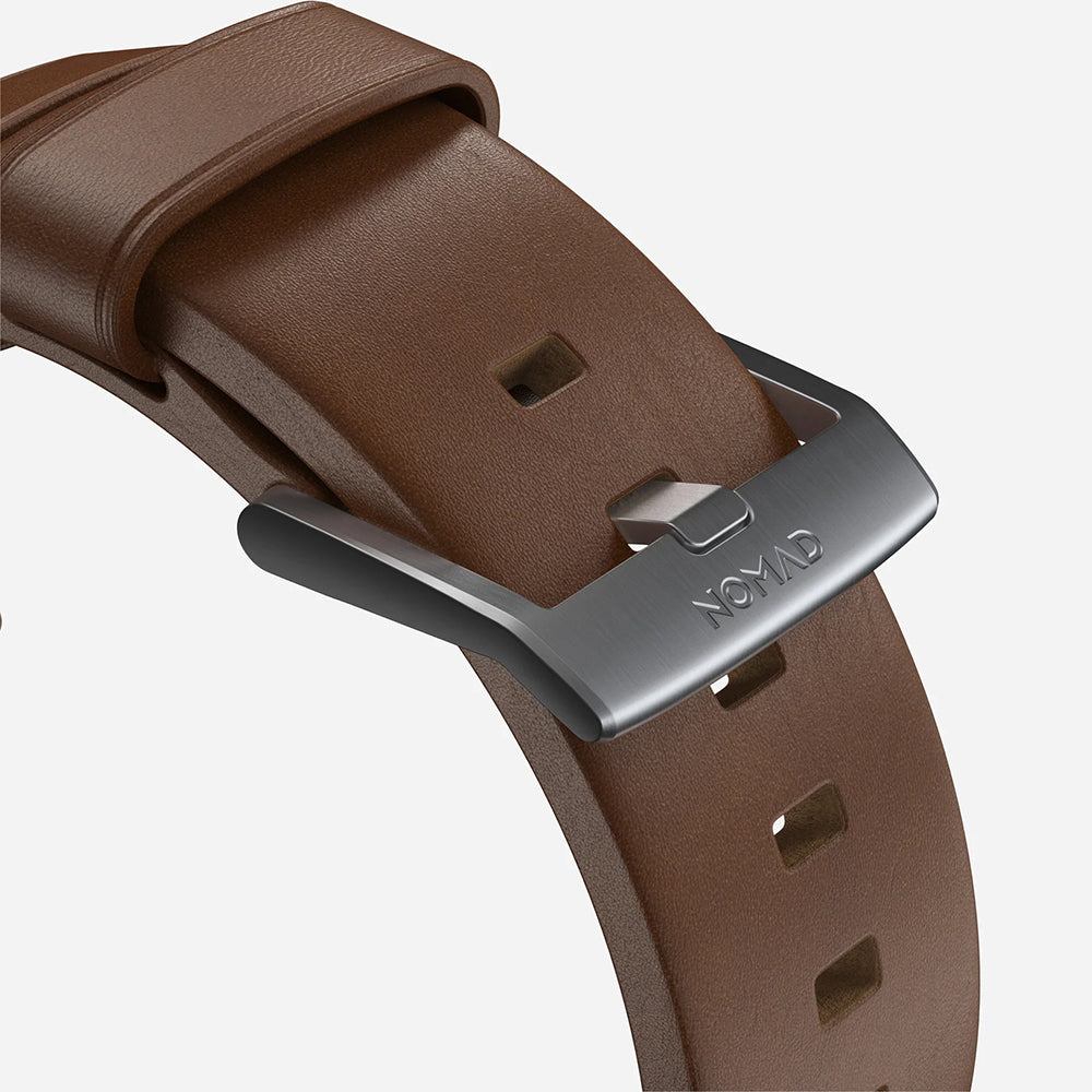 Lederarmband für Apple Watch 49/46/45/44 mm, Nomad Modern Band, Braun-Silbern