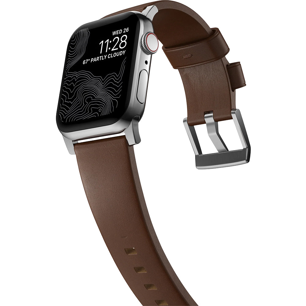 Lederarmband für Apple Watch 49/46/45/44 mm, Nomad Modern Band, Braun-Silbern