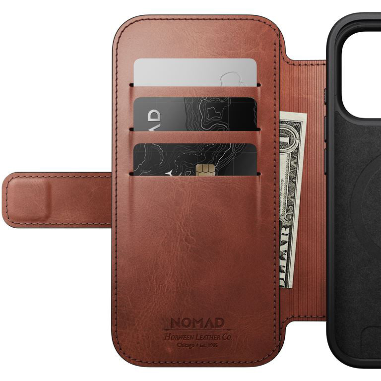 Handyhülle mit Klappe für iPhone 17 Pro, Nomad Modern Leather Folio Horween Series mit MagSafe, Braun