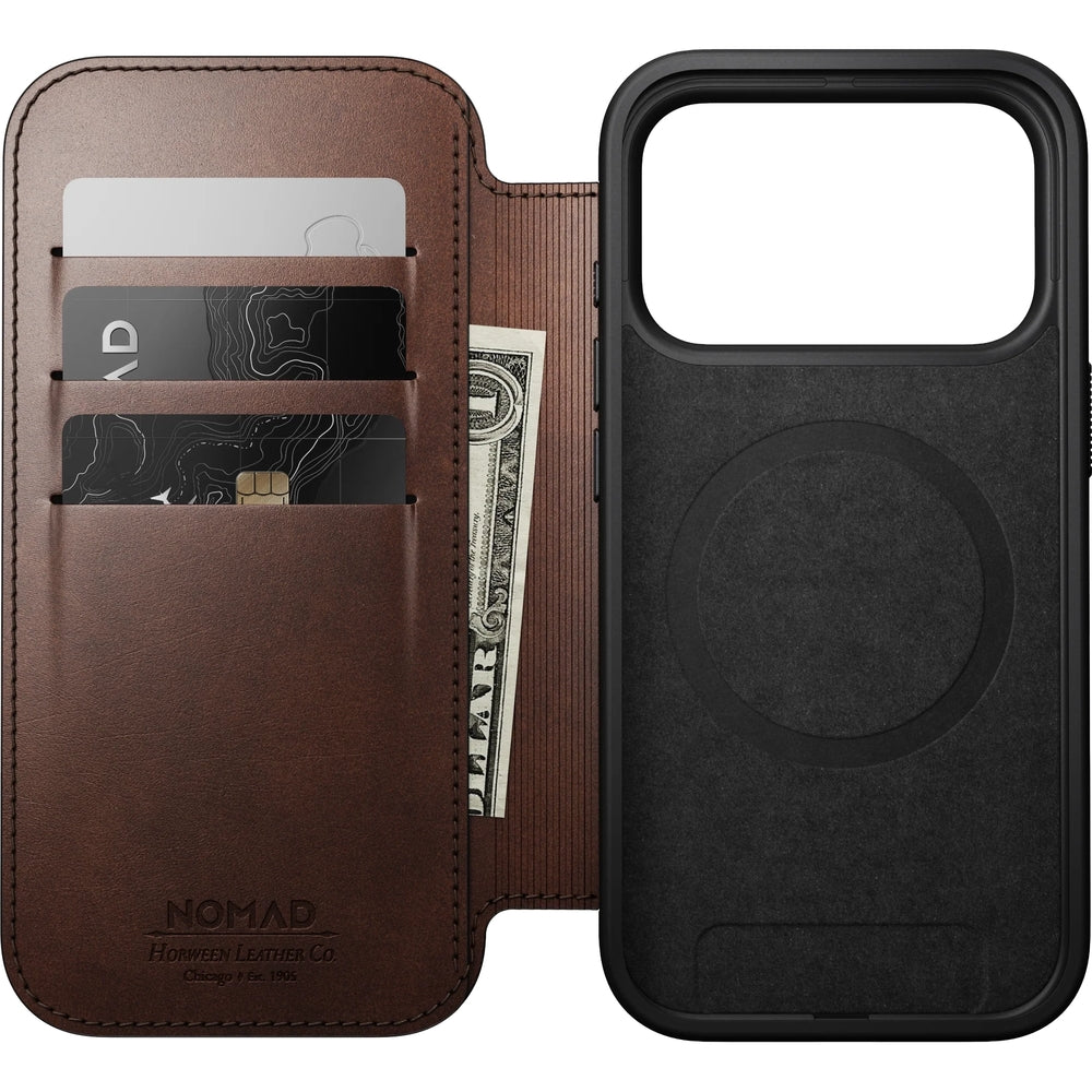 Handyhülle mit Klappe für iPhone 17 Pro, Nomad Modern Leather Folio Horween Series mit MagSafe, Rustikal Braun