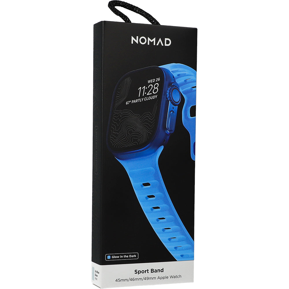 Armband für Apple Watch 49/46/45/44 mm, Nomad Sport Strap, Weiß, leuchtet im Dunkeln Blau