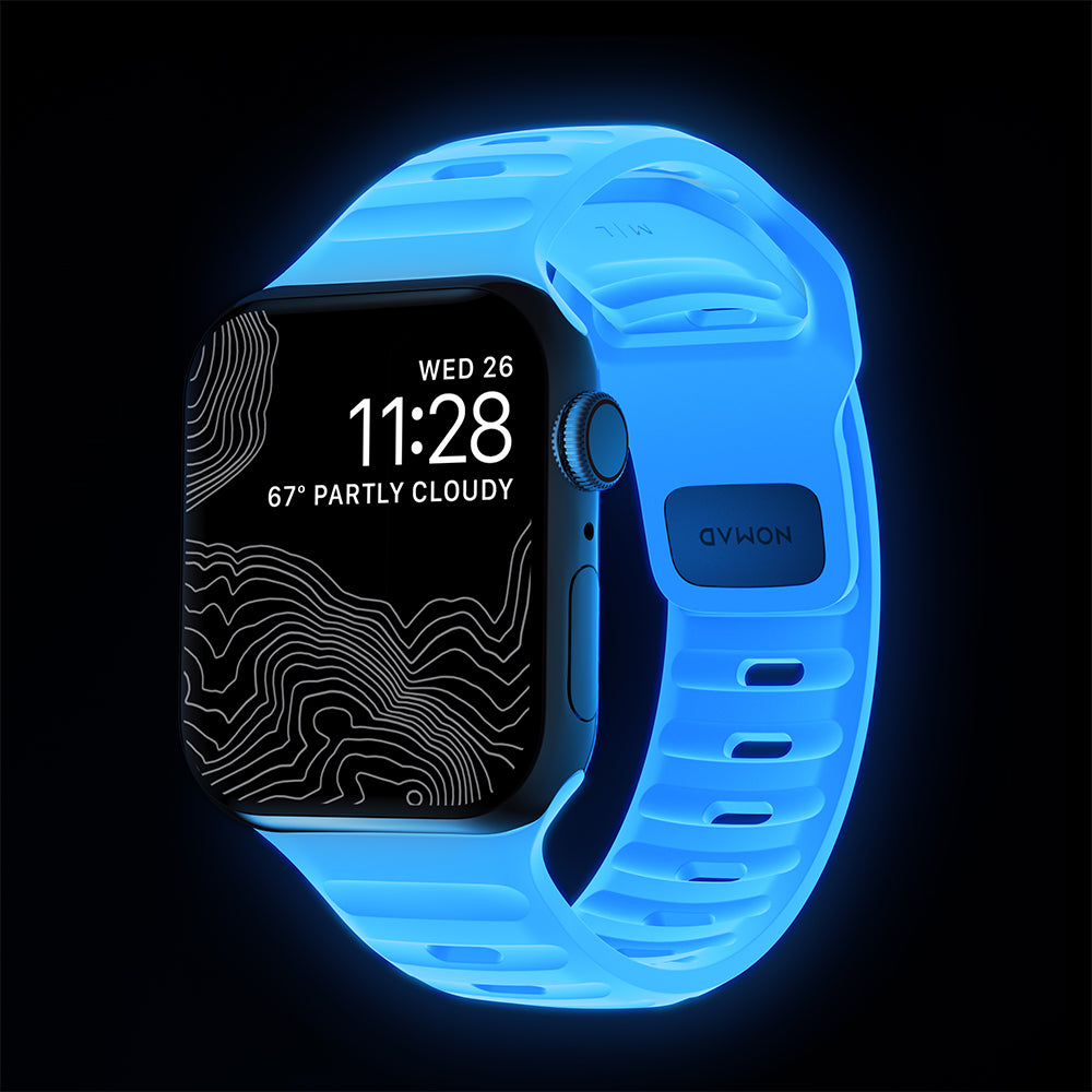 Armband für Apple Watch 49/46/45/44 mm, Nomad Sport Strap, Weiß, leuchtet im Dunkeln Blau