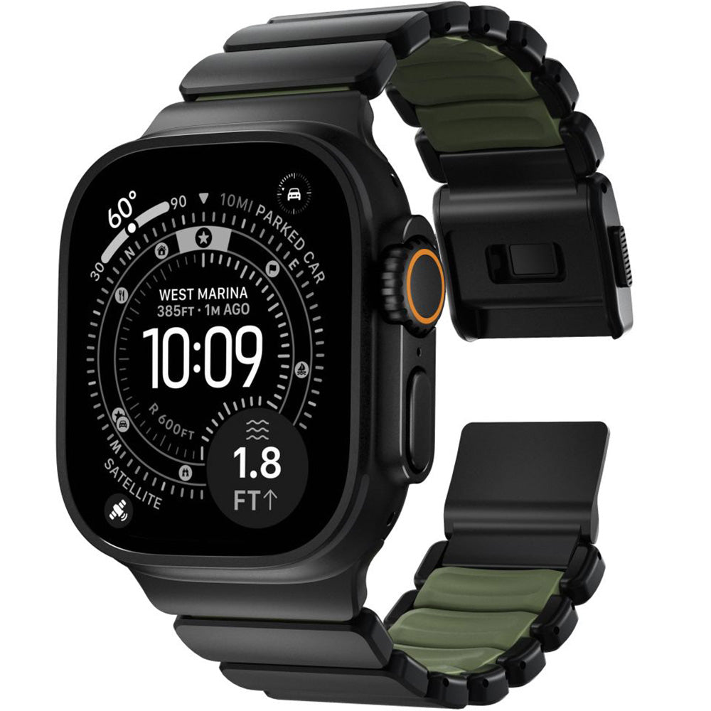 Armband für Apple Watch 49/46/45/44 mm, Nomad Stratos Band, Schwarz-Dunkelgrün Titan