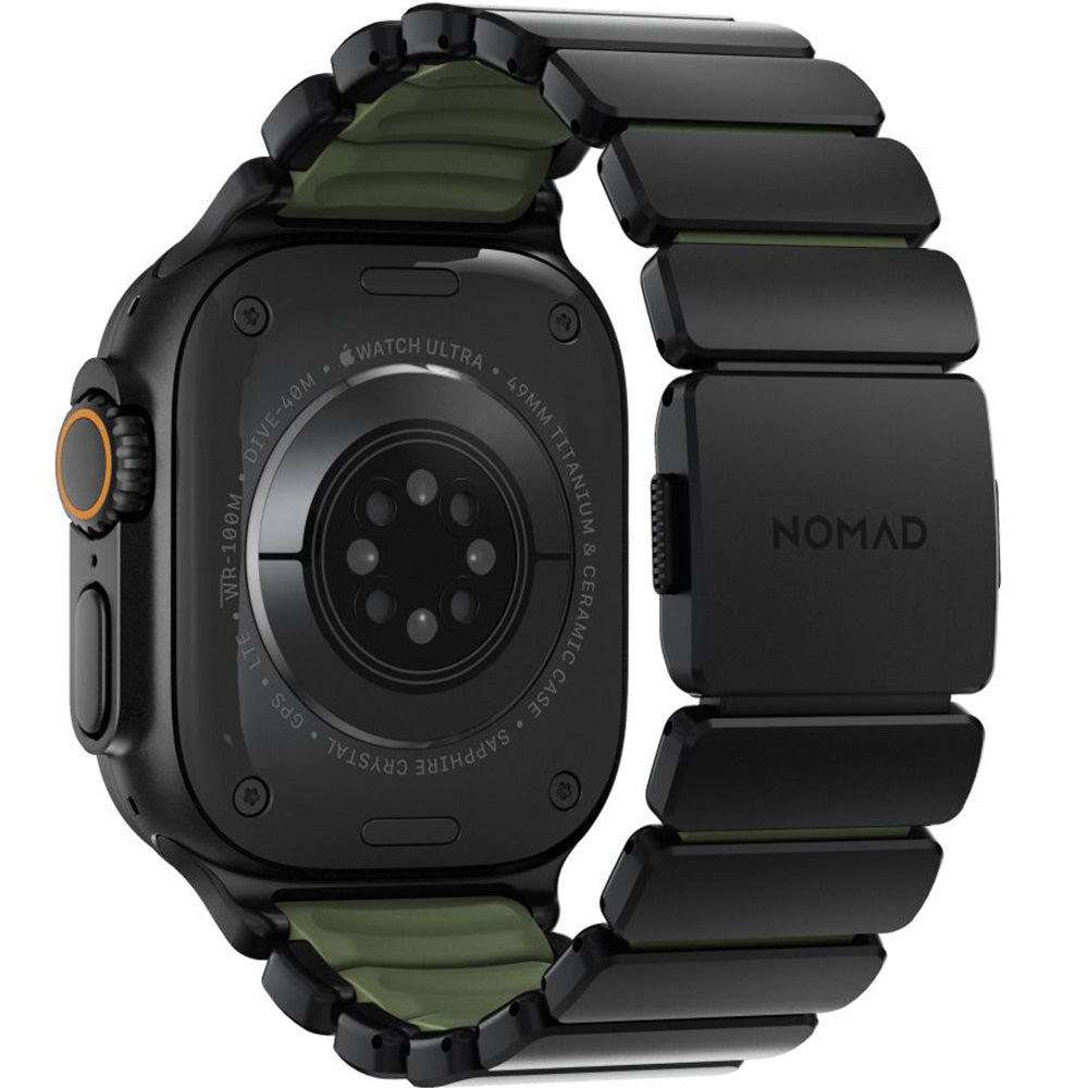 Armband für Apple Watch 49/46/45/44 mm, Nomad Stratos Band, Schwarz-Dunkelgrün Titan