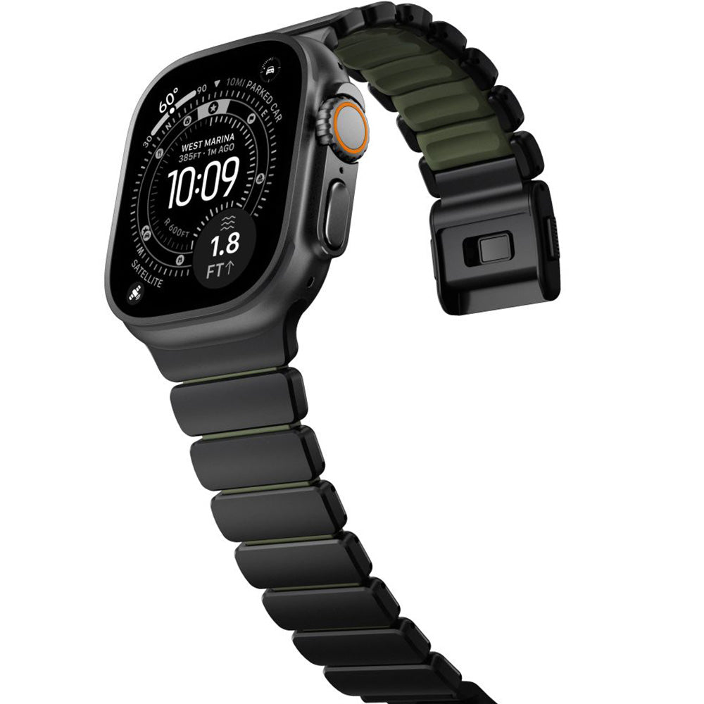 Armband für Apple Watch 49/46/45/44 mm, Nomad Stratos Band, Schwarz-Dunkelgrün Titan
