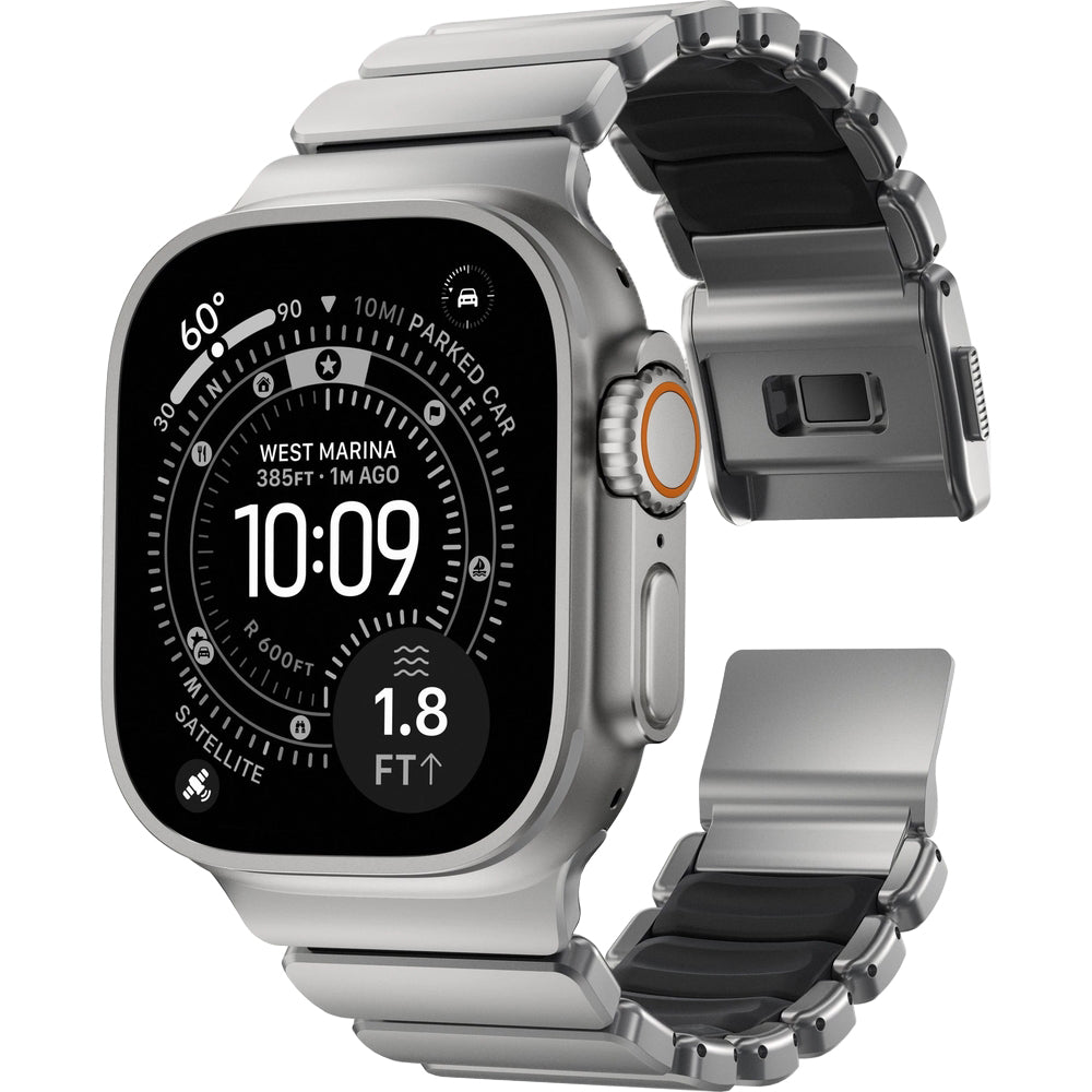 Armband für Apple Watch 49/46/45/44 mm, Nomad Stratos Band, Silber-schwarzes Titan