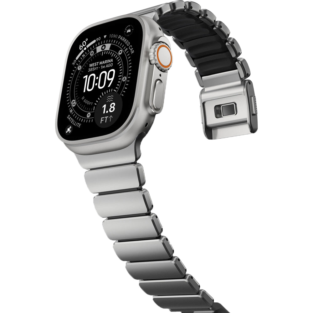Armband für Apple Watch 49/46/45/44 mm, Nomad Stratos Band, Silber-schwarzes Titan