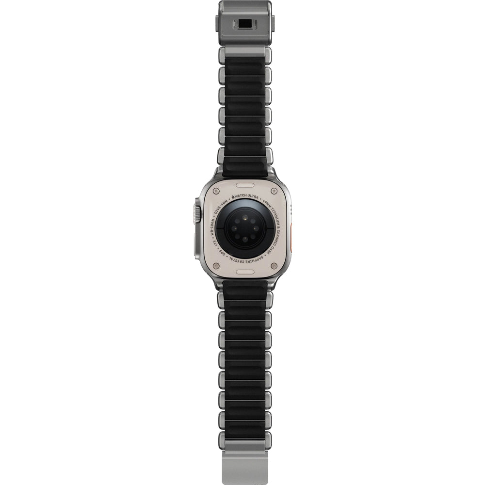 Armband für Apple Watch 49/46/45/44 mm, Nomad Stratos Band, Silber-schwarzes Titan