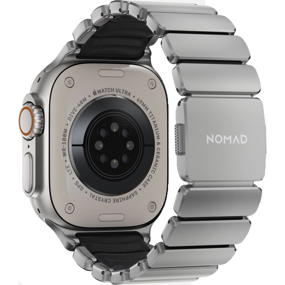 Armband für Apple Watch 49/46/45/44 mm, Nomad Stratos Band, Silber-schwarzes Titan
