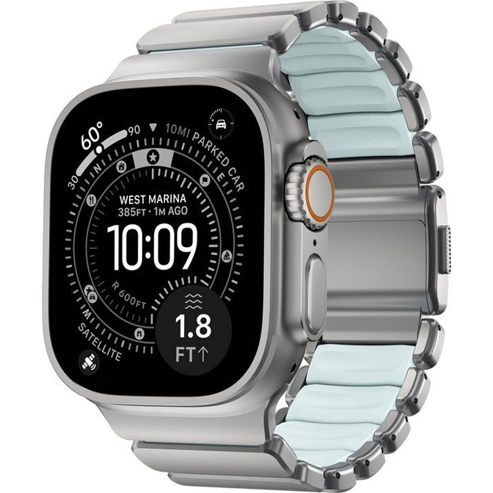Armband für Apple Watch 49/46/45/44 mm, Nomad Stratos Band, Silbern-blau Titan