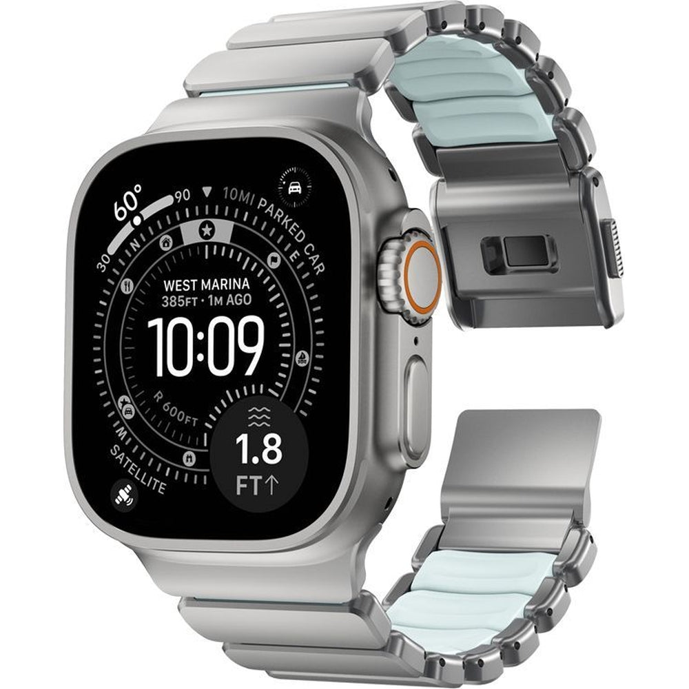 Armband für Apple Watch 49/46/45/44 mm, Nomad Stratos Band, Silbern-blau Titan