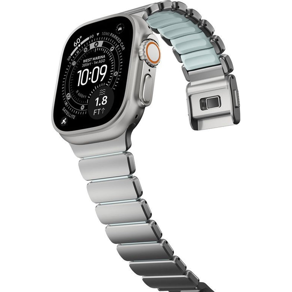 Armband für Apple Watch 49/46/45/44 mm, Nomad Stratos Band, Silbern-blau Titan