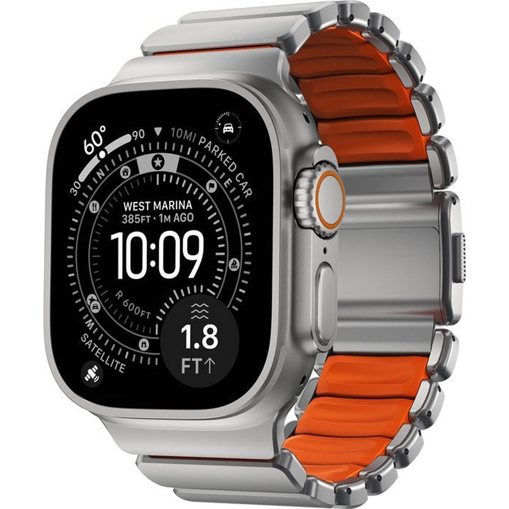 Armband für Apple Watch 49/46/45/44 mm, Nomad Stratos Band, Silbern-orange Titan
