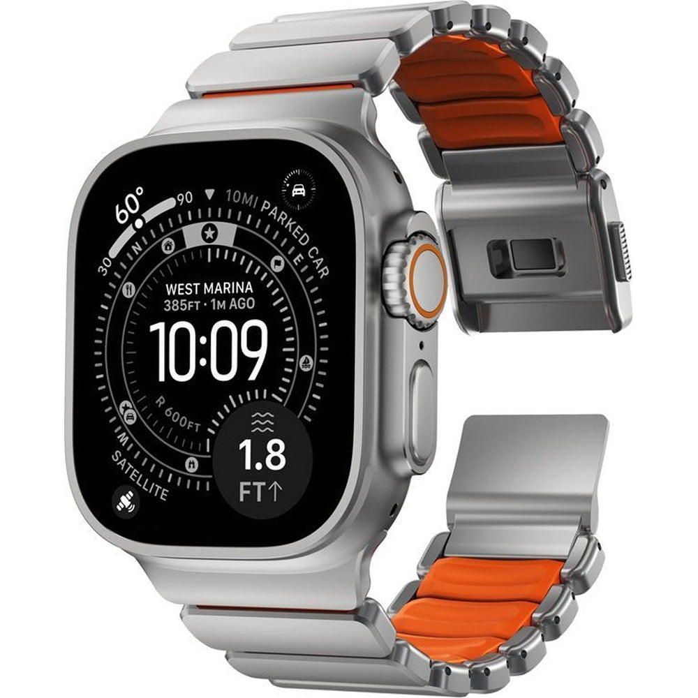 Armband für Apple Watch 49/46/45/44 mm, Nomad Stratos Band, Silbern-orange Titan