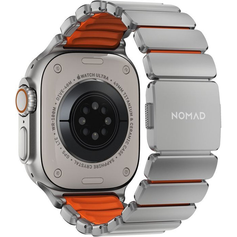 Armband für Apple Watch 49/46/45/44 mm, Nomad Stratos Band, Silbern-orange Titan