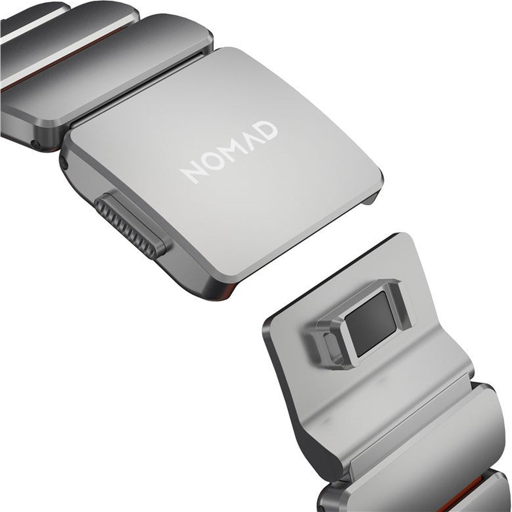 Armband für Apple Watch 49/46/45/44 mm, Nomad Stratos Band, Silbern-orange Titan