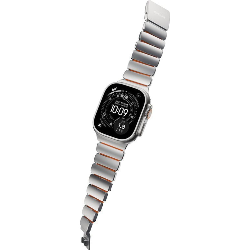 Armband für Apple Watch 49/46/45/44 mm, Nomad Stratos Band, Silbern-orange Titan