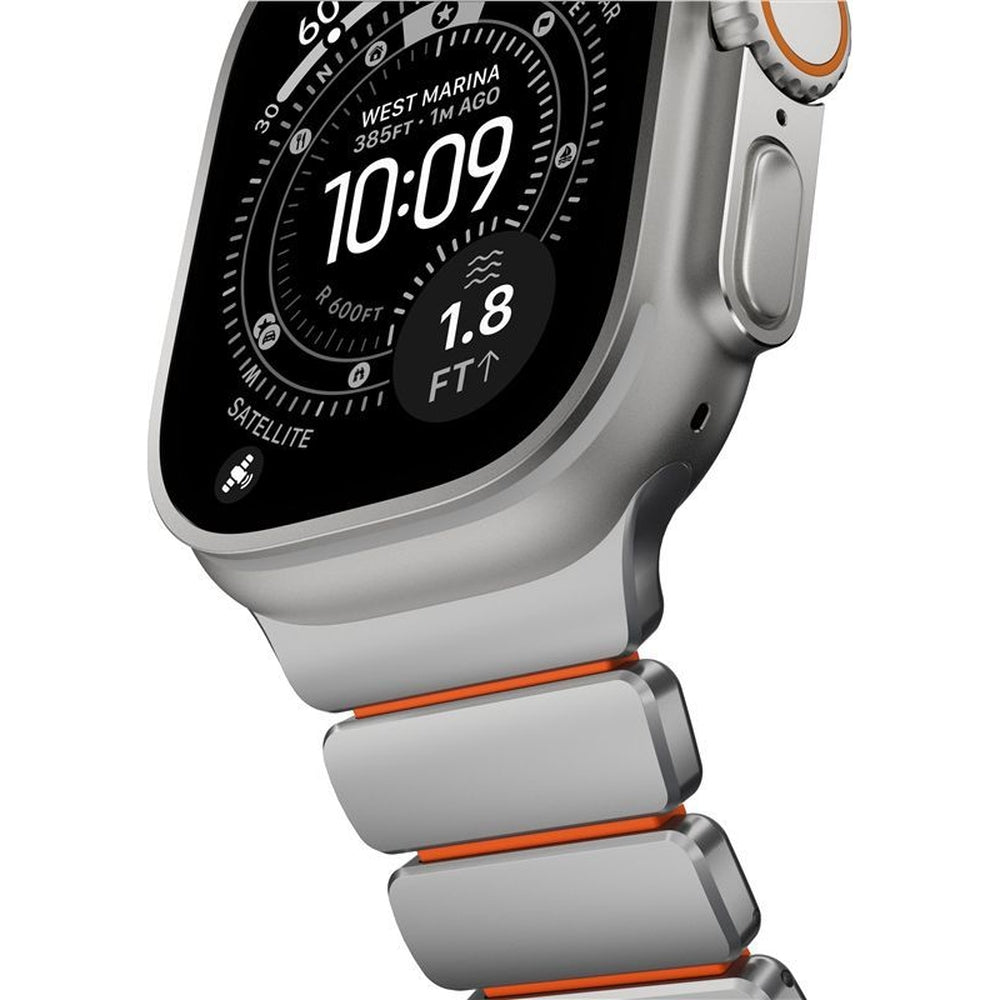 Armband für Apple Watch 49/46/45/44 mm, Nomad Stratos Band, Silbern-orange Titan