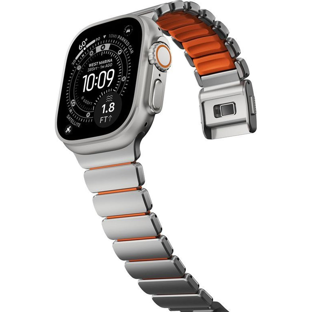 Armband für Apple Watch 49/46/45/44 mm, Nomad Stratos Band, Silbern-orange Titan
