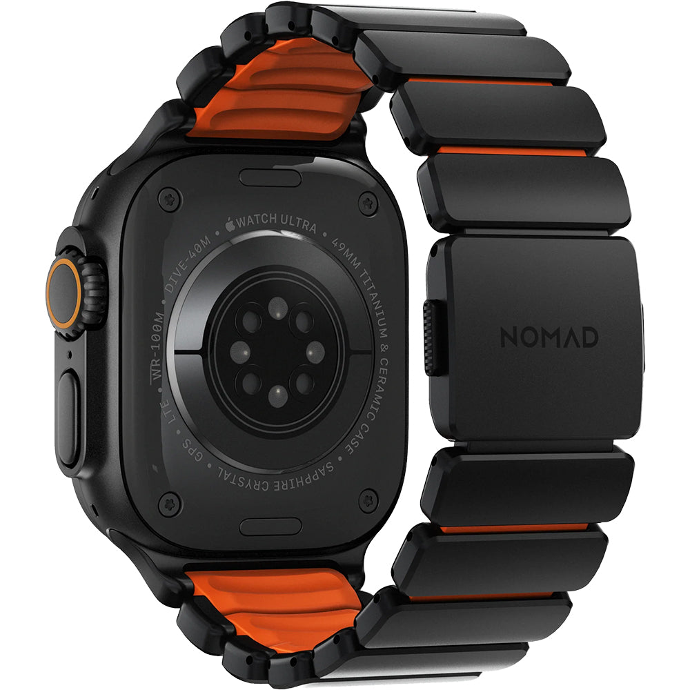 Armband für Apple Watch 49/46/45/44 mm, Nomad Stratos Band, Schwarz-Orange Titan