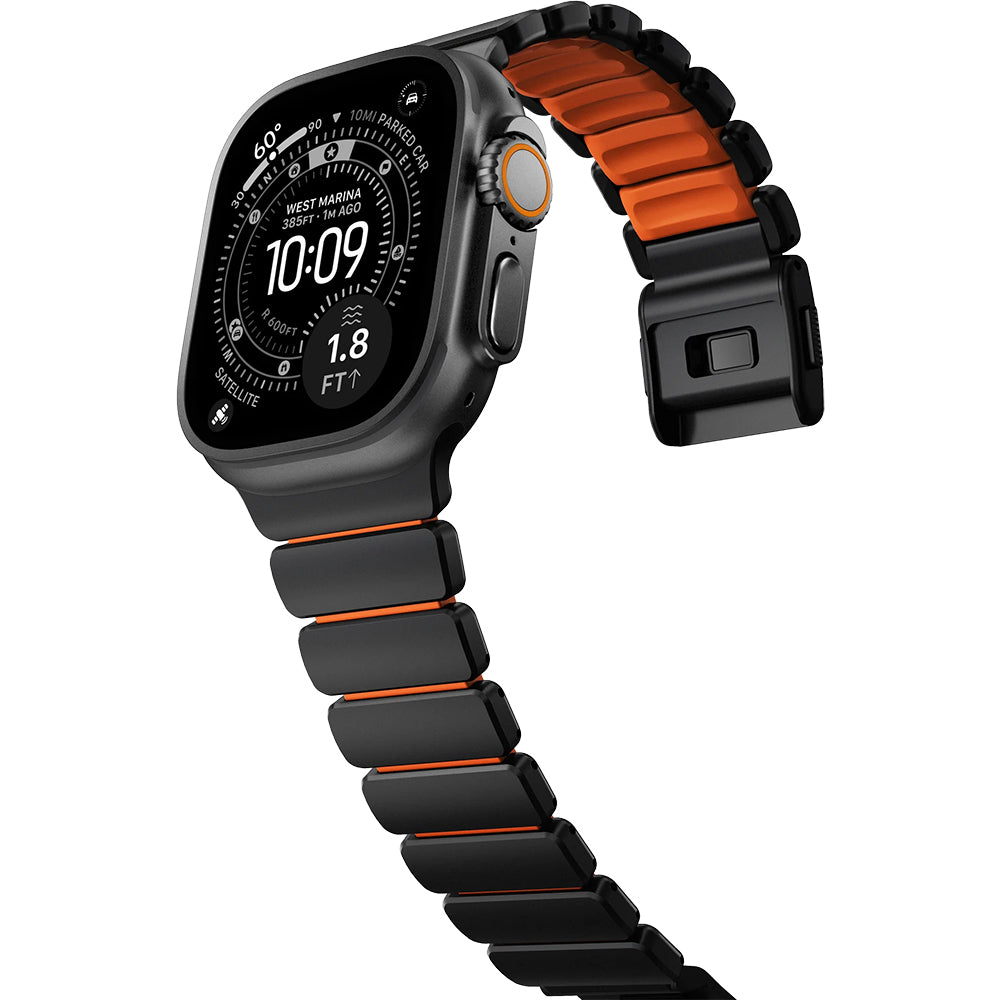 Armband für Apple Watch 49/46/45/44 mm, Nomad Stratos Band, Schwarz-Orange Titan