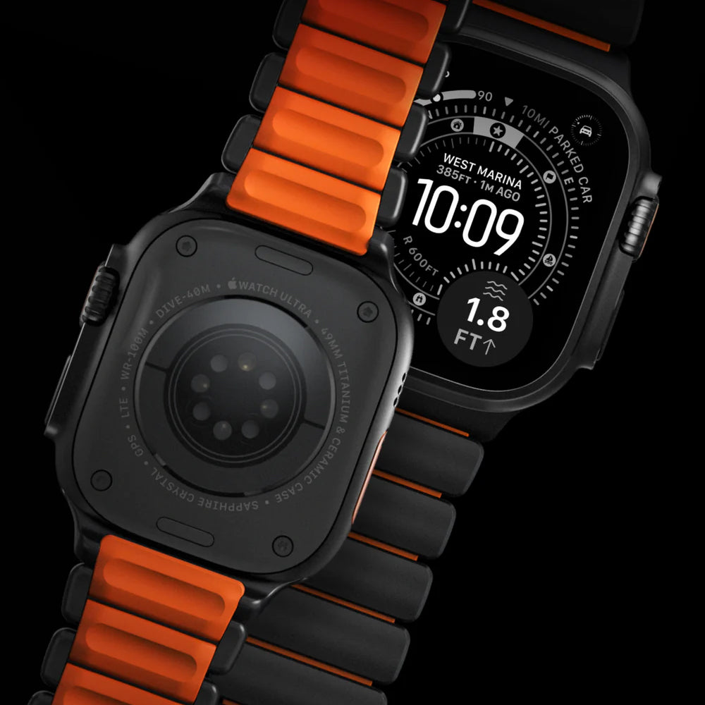 Armband für Apple Watch 49/46/45/44 mm, Nomad Stratos Band, Schwarz-Orange Titan
