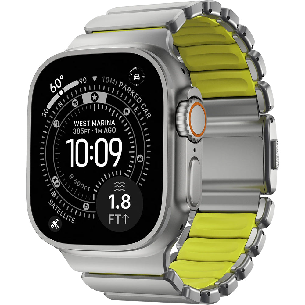 Armband für Apple Watch 49/46/45/44 mm, Nomad Stratos Band, Silber-Gelber Titan