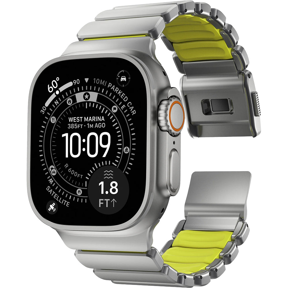Armband für Apple Watch 49/46/45/44 mm, Nomad Stratos Band, Silber-Gelber Titan