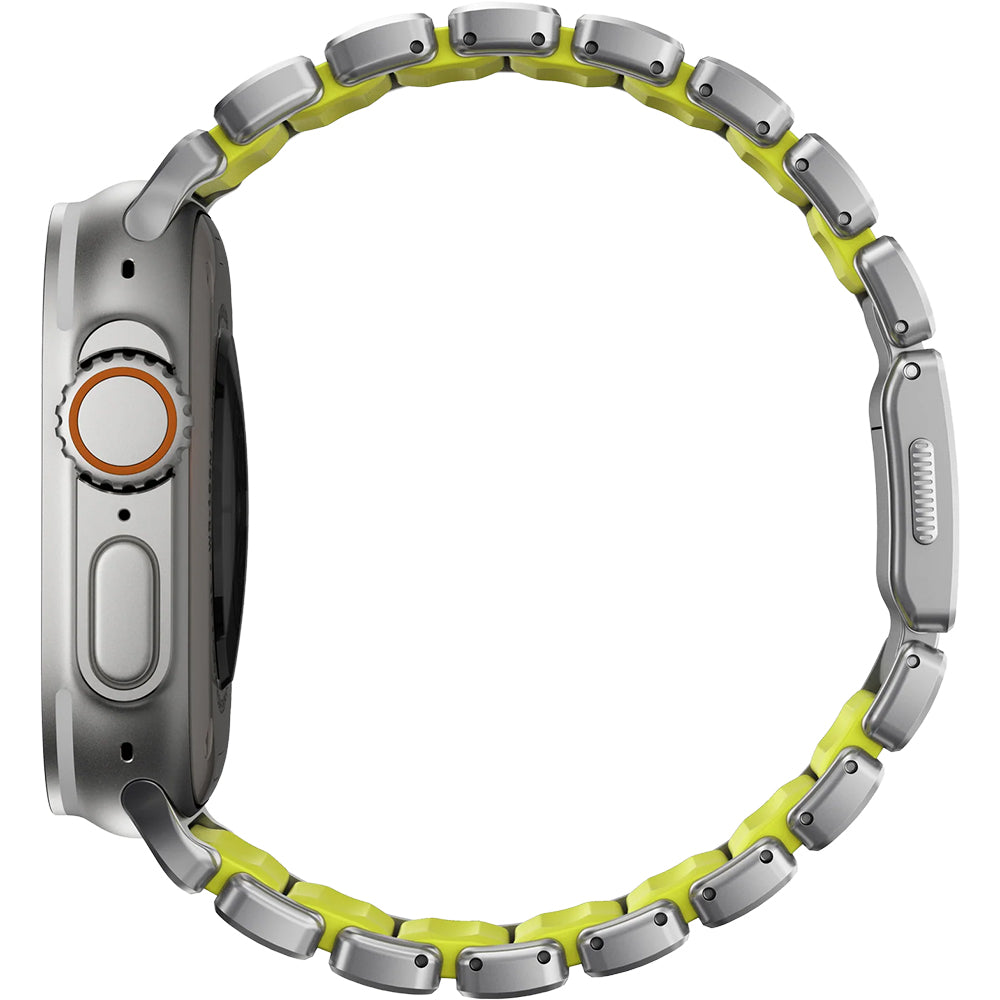Armband für Apple Watch 49/46/45/44 mm, Nomad Stratos Band, Silber-Gelber Titan