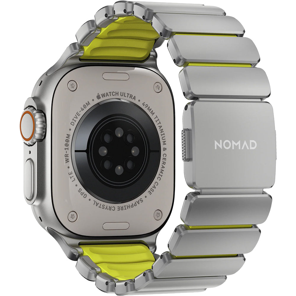 Armband für Apple Watch 49/46/45/44 mm, Nomad Stratos Band, Silber-Gelber Titan