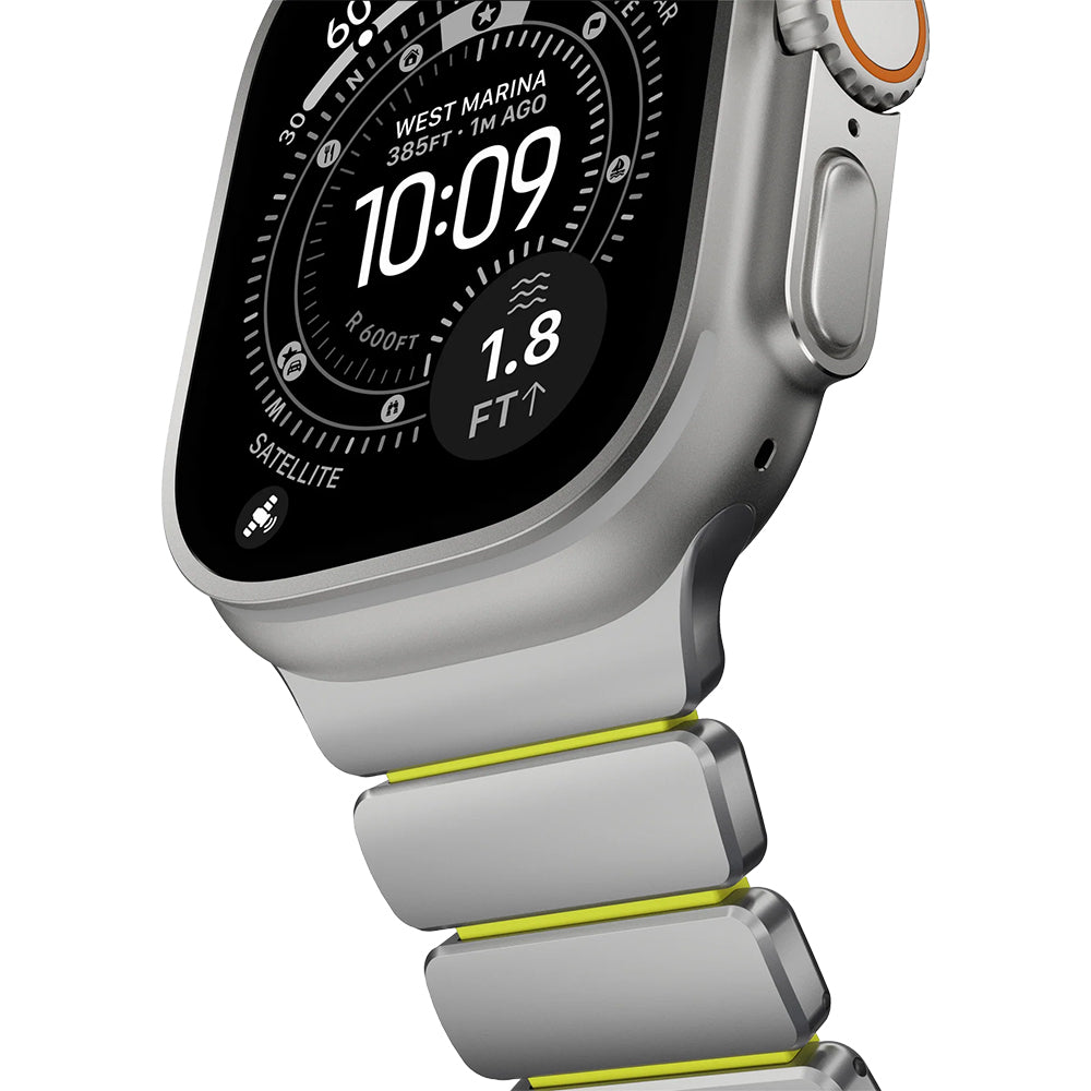 Armband für Apple Watch 49/46/45/44 mm, Nomad Stratos Band, Silber-Gelber Titan