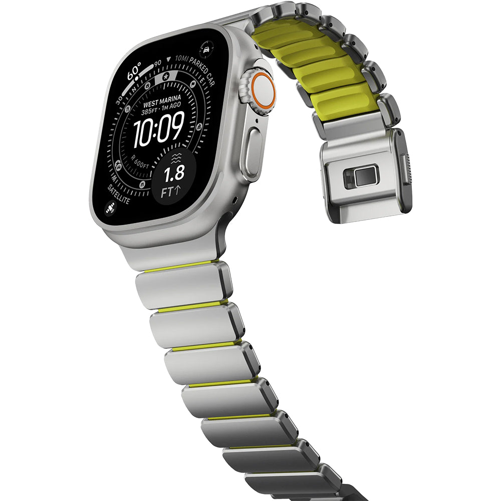 Armband für Apple Watch 49/46/45/44 mm, Nomad Stratos Band, Silber-Gelber Titan