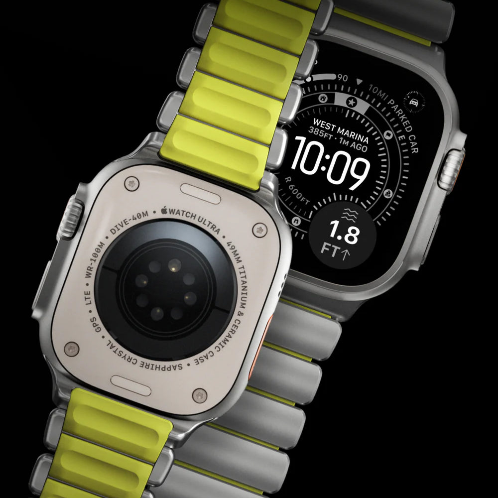Armband für Apple Watch 49/46/45/44 mm, Nomad Stratos Band, Silber-Gelber Titan