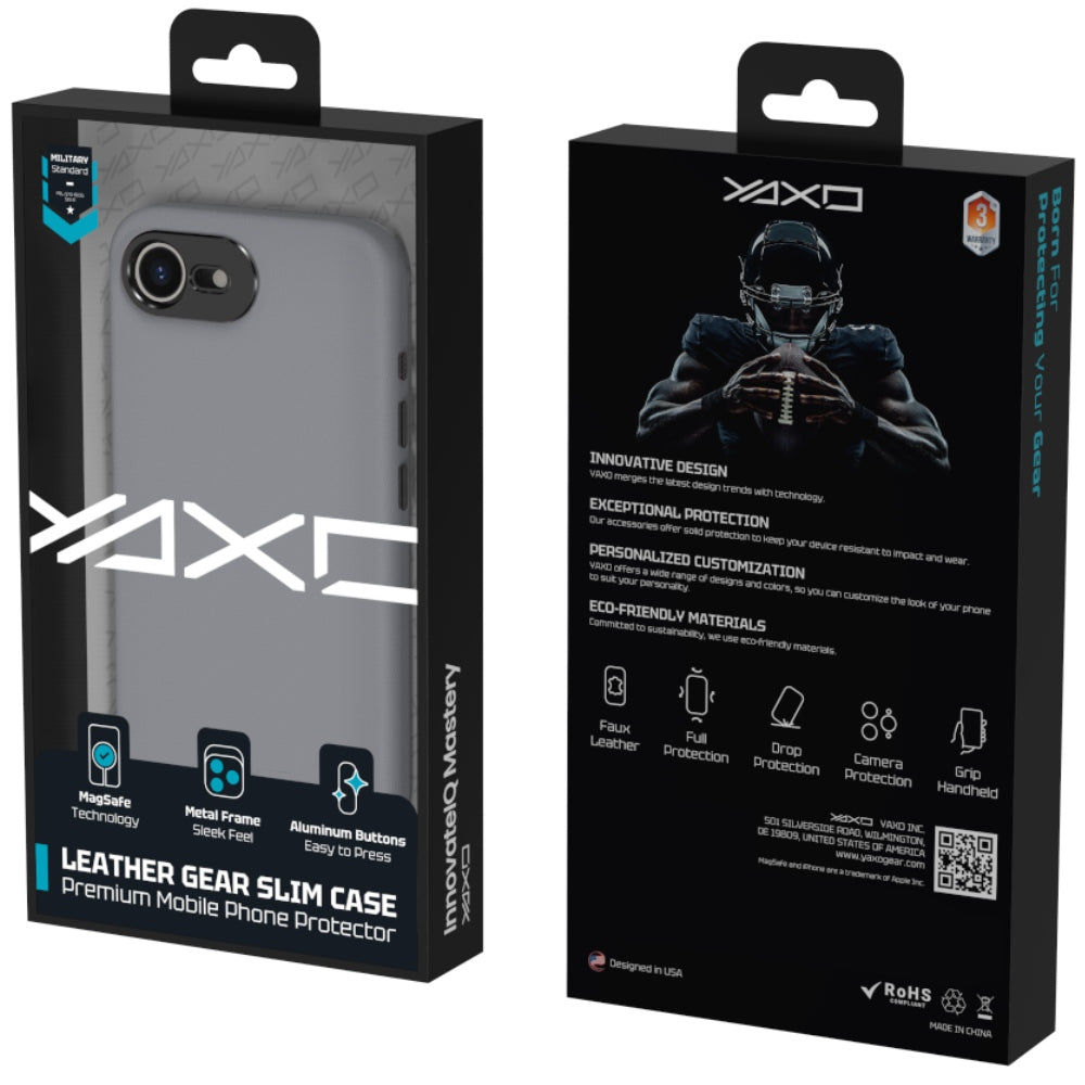 Handyhülle YAXO Leather Gear Slim Case MagSafe für iPhone 17e, grau (12/12)