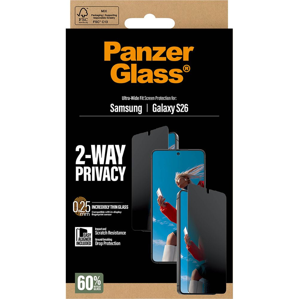 Sichtschutzglas mit Applikator für Galaxy S26, PanzerGlass 2-Way Privacy Ultra-Wide Fit EasyAligner