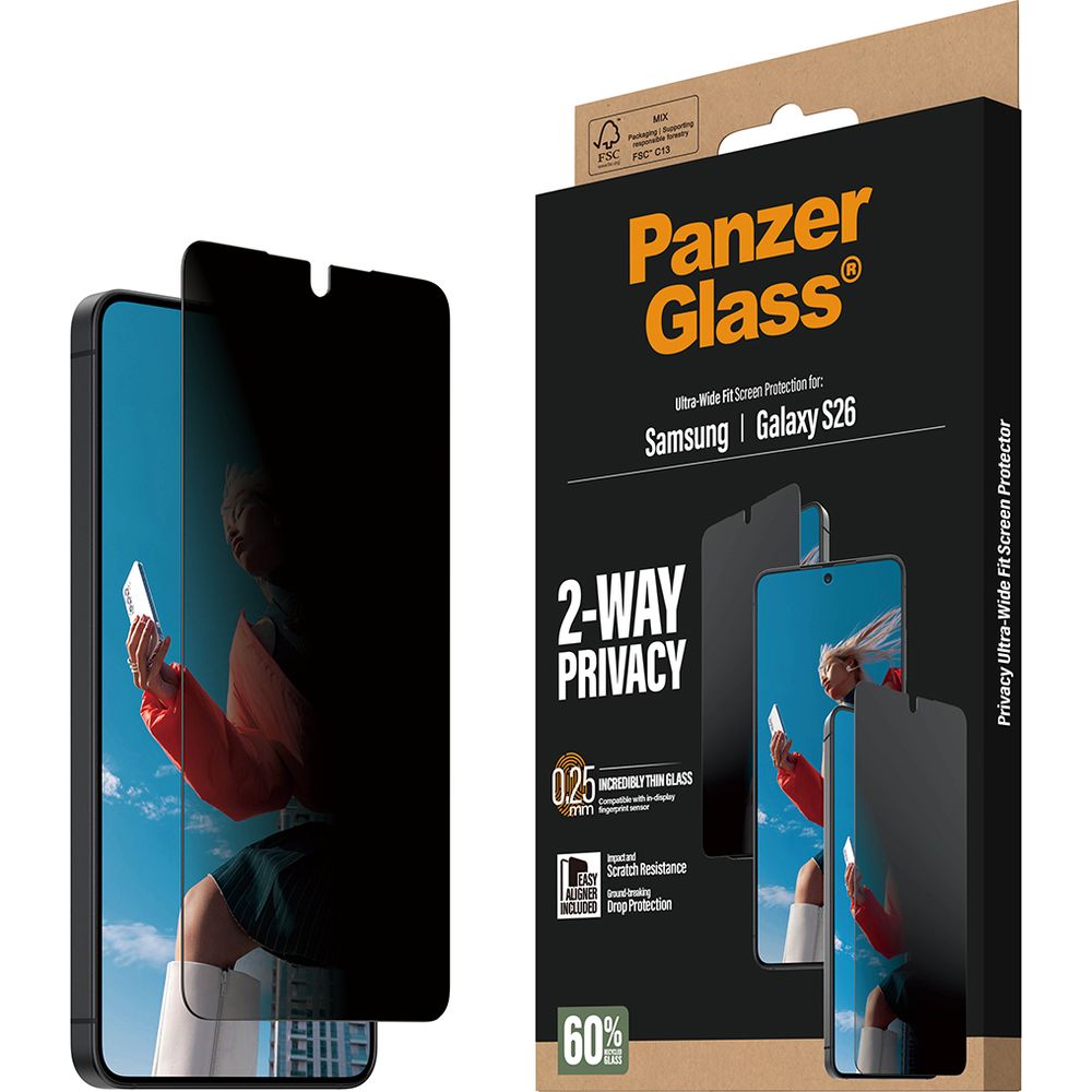 Sichtschutzglas mit Applikator für Galaxy S26, PanzerGlass 2-Way Privacy Ultra-Wide Fit EasyAligner