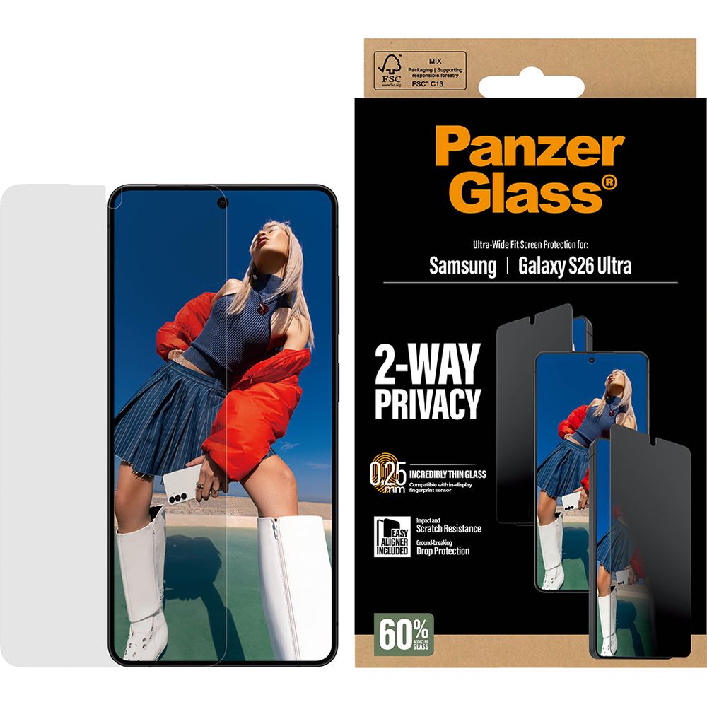 Sichtschutzglas mit Applikator für Galaxy S26 Ultra, PanzerGlass 2-Way Privacy Ultra-Wide Fit EasyAligner