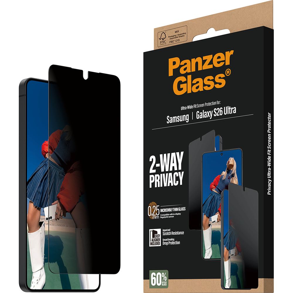 Sichtschutzglas mit Applikator für Galaxy S26 Ultra, PanzerGlass 2-Way Privacy Ultra-Wide Fit EasyAligner