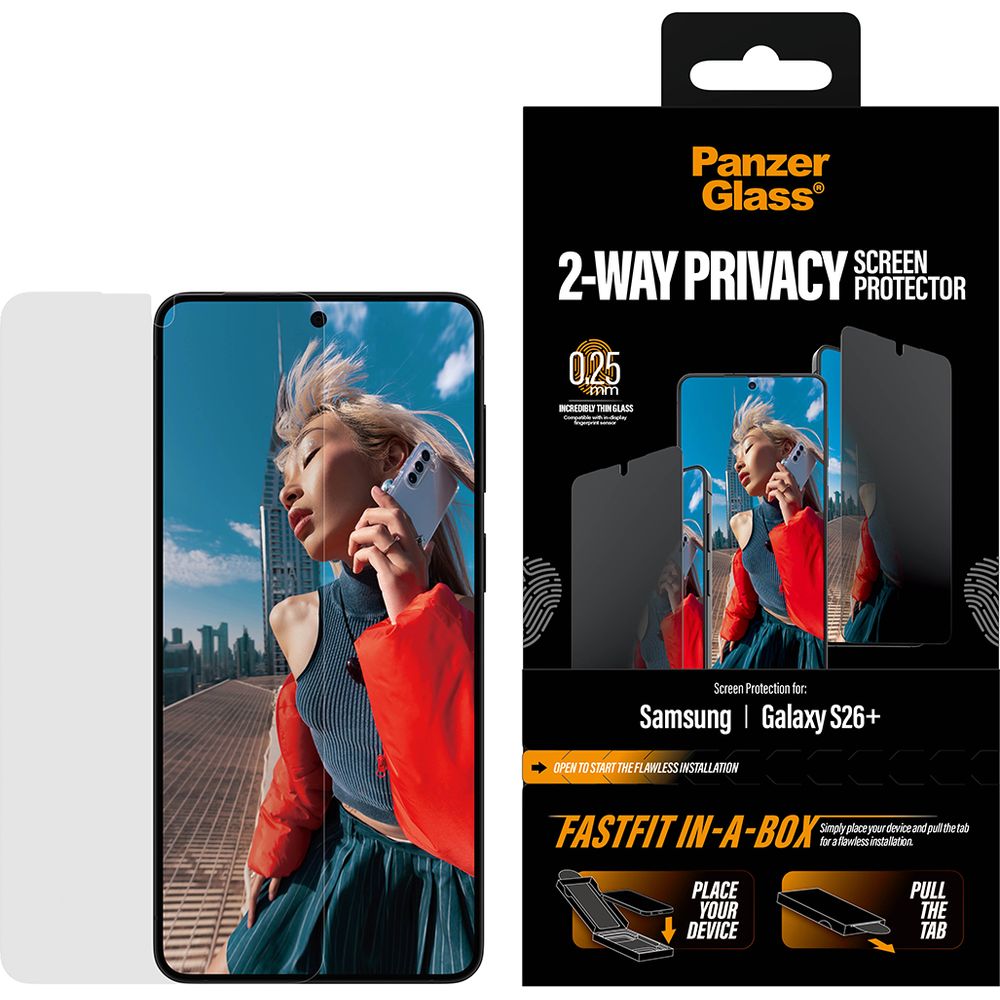 Sichtschutzglas mit Applikator für Galaxy S26 Plus, PanzerGlass 2-Way Privacy Ultra-Wide Fit FastFit