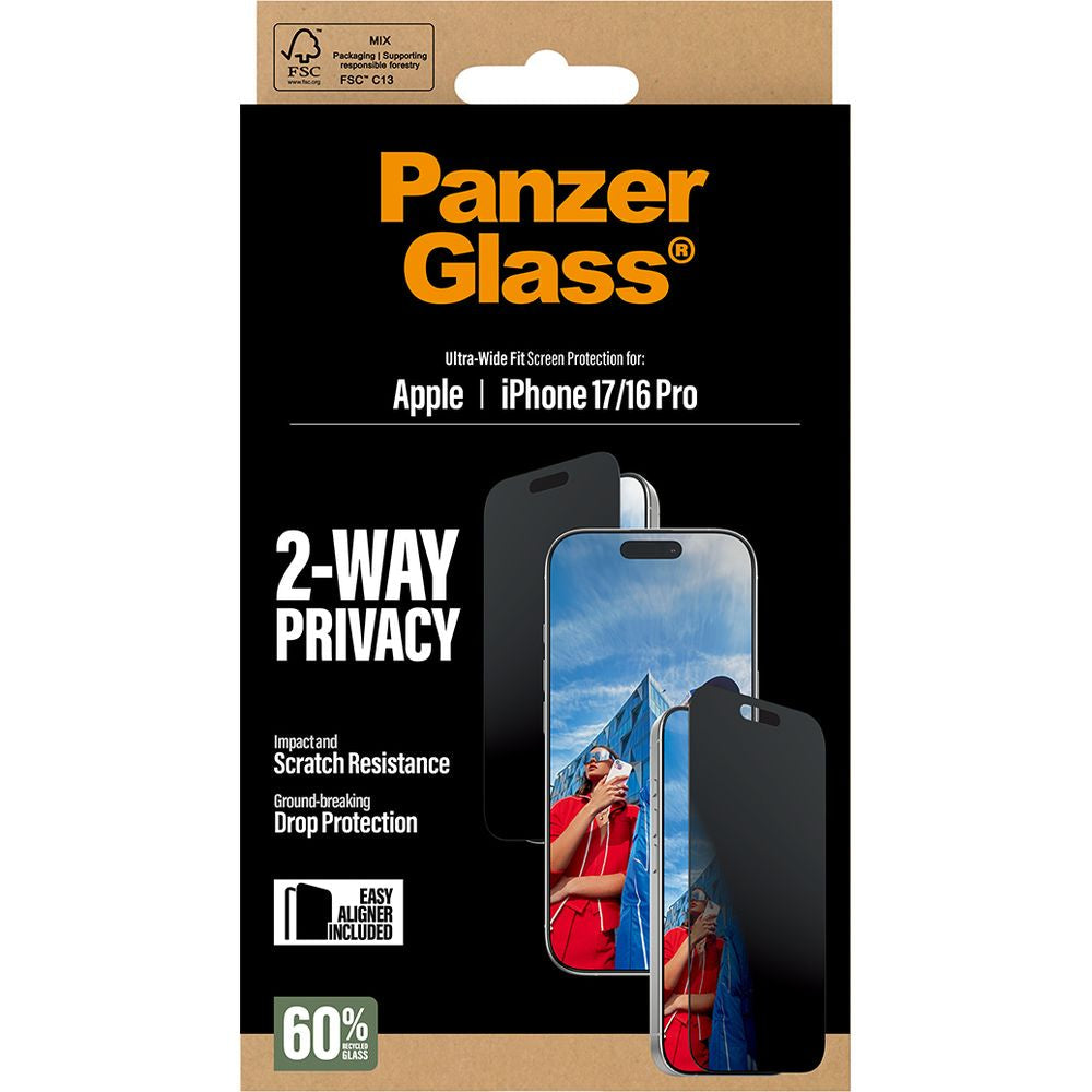 Sichtschutzglas mit Applikator für iPhone 17 / 16 Pro, PanzerGlass 2-way Ultra-Wide Fit Privacy Plus EasyAligner