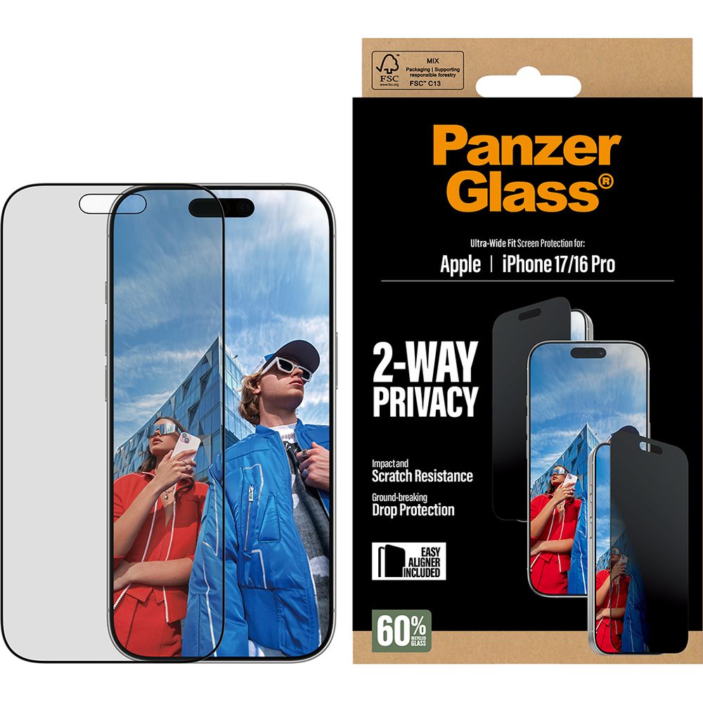 Sichtschutzglas mit Applikator für iPhone 17 / 16 Pro, PanzerGlass 2-way Ultra-Wide Fit Privacy Plus EasyAligner