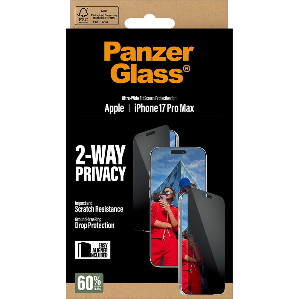 Sichtschutzglas mit Applikator für iPhone 17 Pro Max, PanzerGlass 2-way Ultra-Wide Fit Privacy Plus EasyAligner